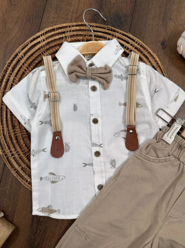 Askı Kemerli Papyonlu Balık Baskılı Keten Yazlık 4lü Erkek Bebek Takım - YEŞİL