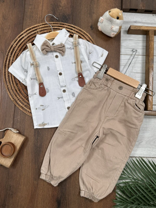 Askı Kemerli Papyonlu Balık Baskılı Keten Yazlık 4lü Erkek Bebek Takım - BEJ