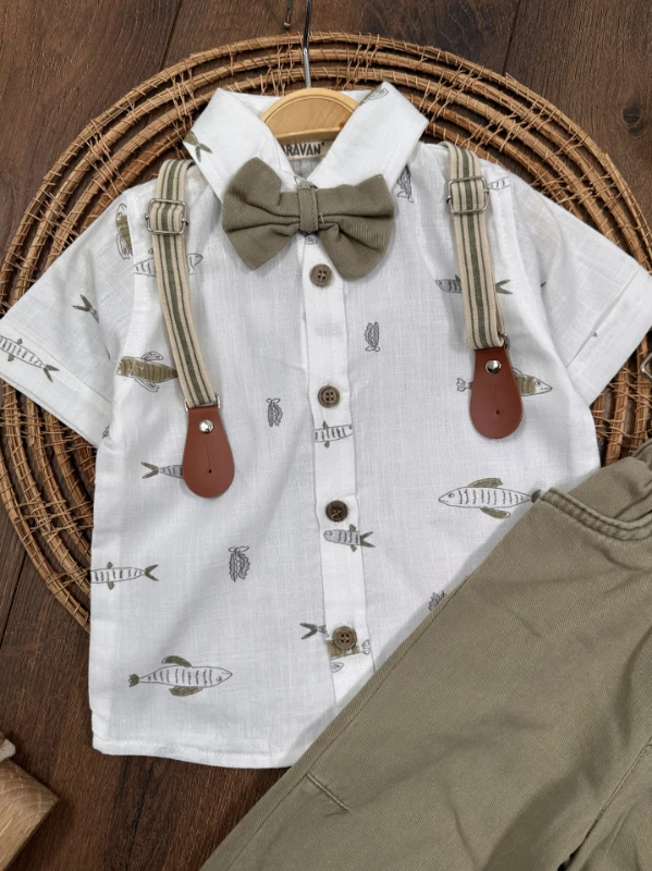 Askı Kemerli Papyonlu Balık Baskılı Keten Yazlık 4lü Erkek Bebek Takım - YEŞİL