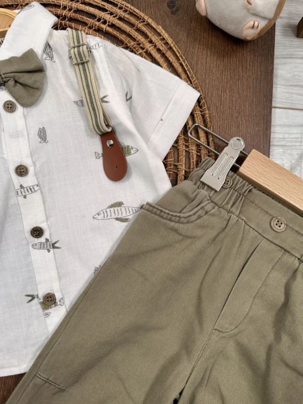 Askı Kemerli Papyonlu Balık Baskılı Keten Yazlık 4lü Erkek Bebek Takım - YEŞİL