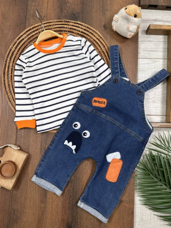 Monstır Likralı Kot Salopet Çizgili Badi Erkek Bebek Salopet Takım - LACİVERT