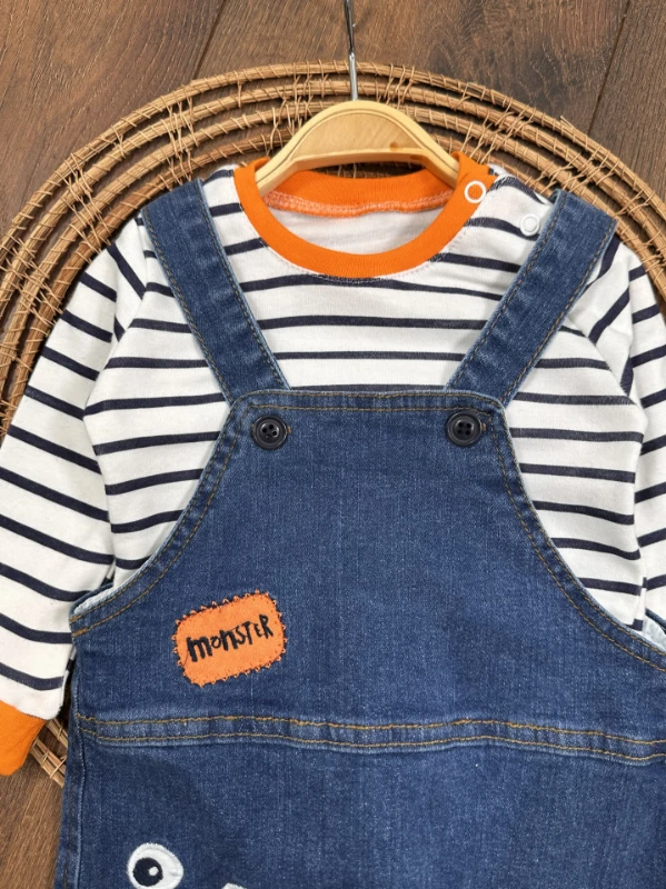 Monstır Likralı Kot Salopet Çizgili Badi Erkek Bebek Salopet Takım - LACİVERT