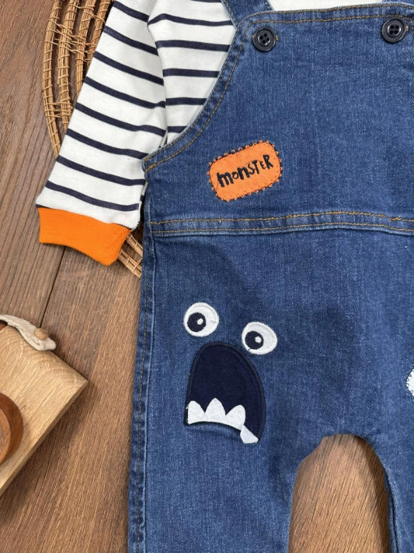 Monstır Likralı Kot Salopet Çizgili Badi Erkek Bebek Salopet Takım - LACİVERT