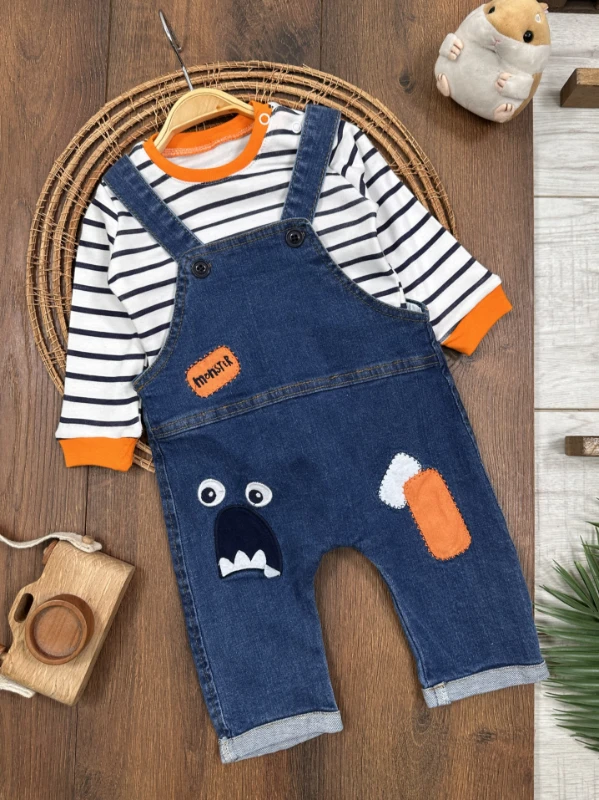 Monstır Likralı Kot Salopet Çizgili Badi Erkek Bebek Salopet Takım - LACİVERT