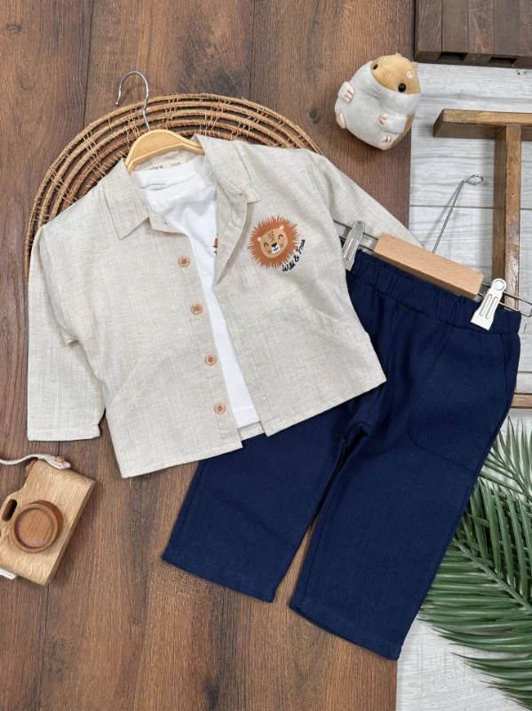 Keten Aslan Baskılı Önden Düğmeli 3lü Erkek Bebek Takım - BEJ