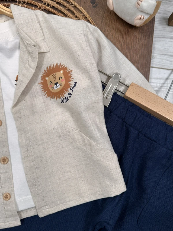 Keten Aslan Baskılı Önden Düğmeli 3lü Erkek Bebek Takım - BEJ