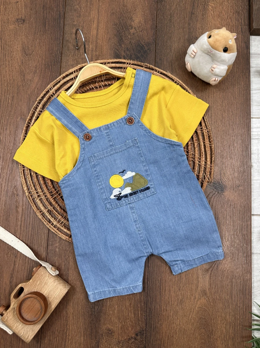 Island Nakışlı Yazlık Kot Salopet Erkek Bebek Takım - HARDAL