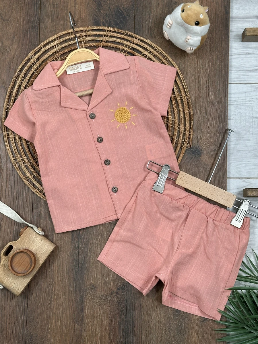 Keten Güneş Nakışlı Önden Düğmeli Yazlık Erkek Bebek Takım - KİREMİT