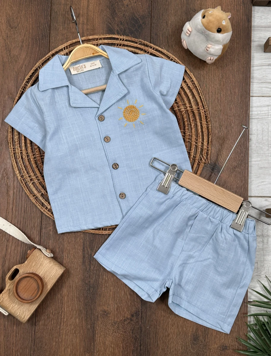 Keten Güneş Nakışlı Önden Düğmeli Yazlık Erkek Bebek Takım - MAVİ