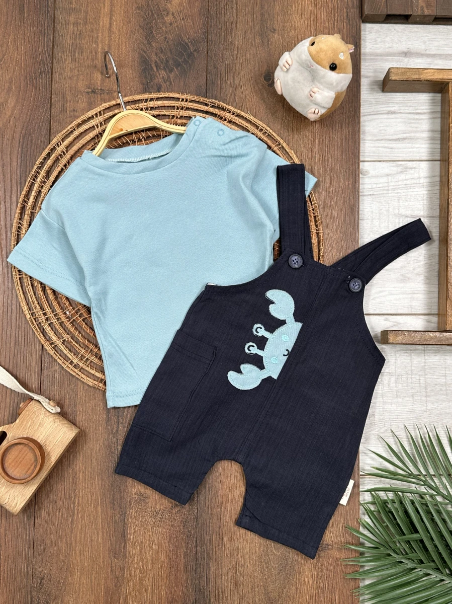 Yengeç Nakışlı Omuzdan Çıtçıtlı Badi Yazlık Salopet Erkek Bebek Takım - MAVİ