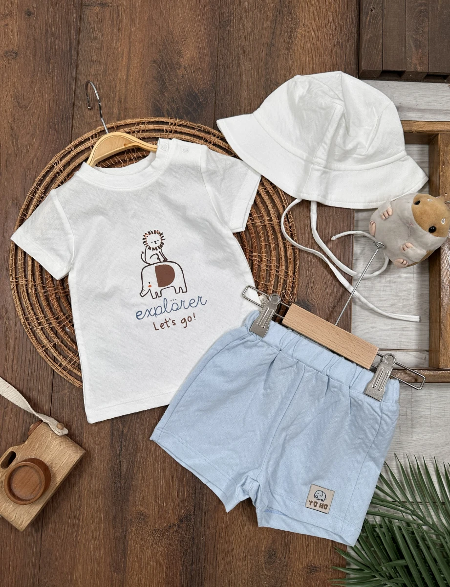 SafariBaskılı Şapkalı Omuzdan Çıtçıtlı Yazlık Erkek Bebek Takım - MAVİ