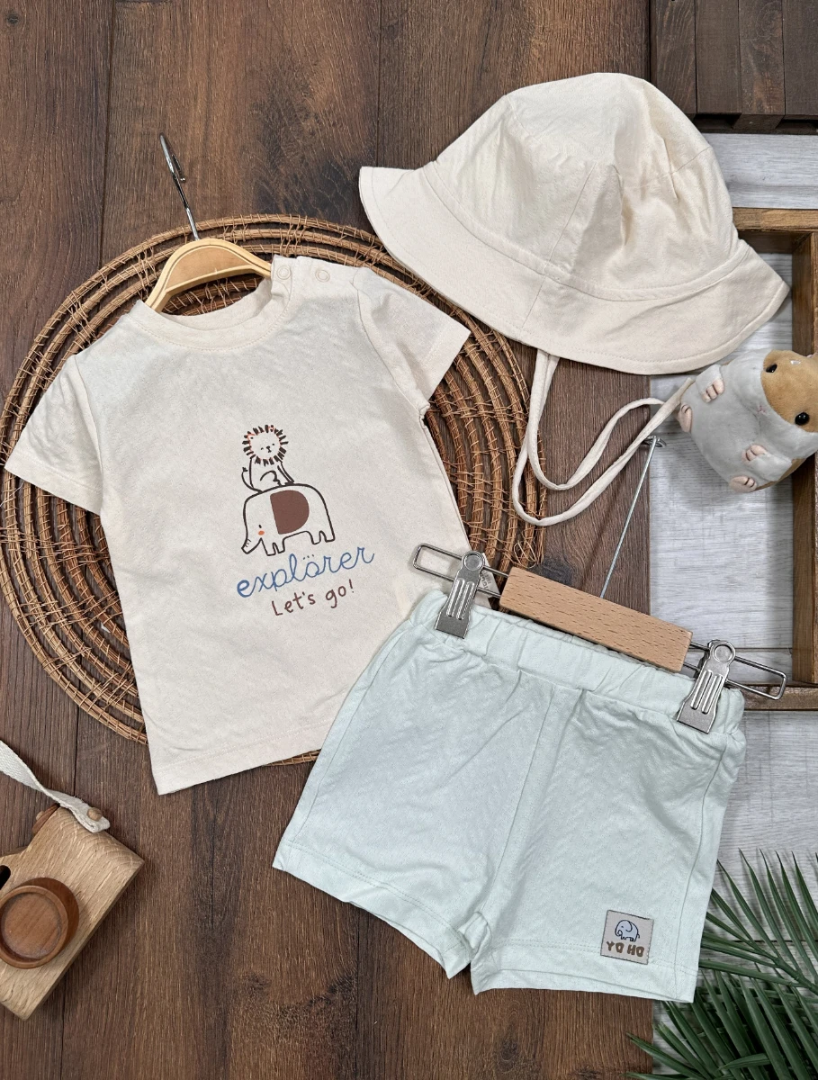 SafariBaskılı Şapkalı Omuzdan Çıtçıtlı Yazlık Erkek Bebek Takım - YEŞİL