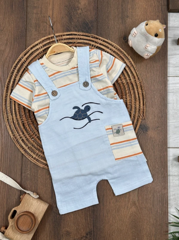 Müslin Salopet Kaplumbağa Nakışlı Omuzdan Çıtçıtlı Badi Yazlık Erkek Bebek Takım - MAVİ