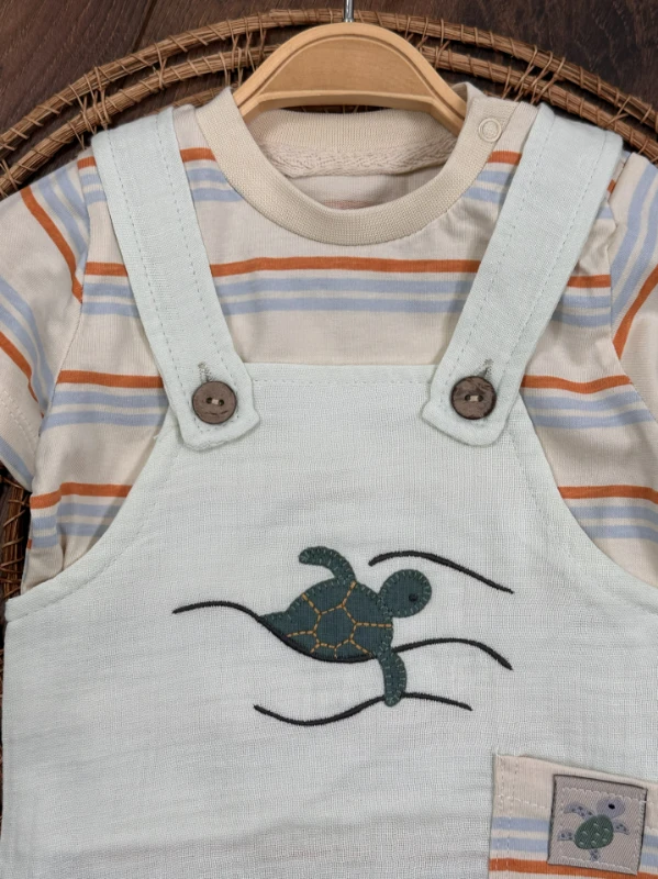 Müslin Salopet Kaplumbağa Nakışlı Omuzdan Çıtçıtlı Badi Yazlık Erkek Bebek Takım - MAVİ