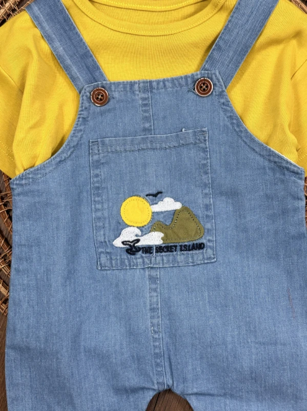 Island Nakışlı Yazlık Kot Salopet Erkek Bebek Takım - MAVİ