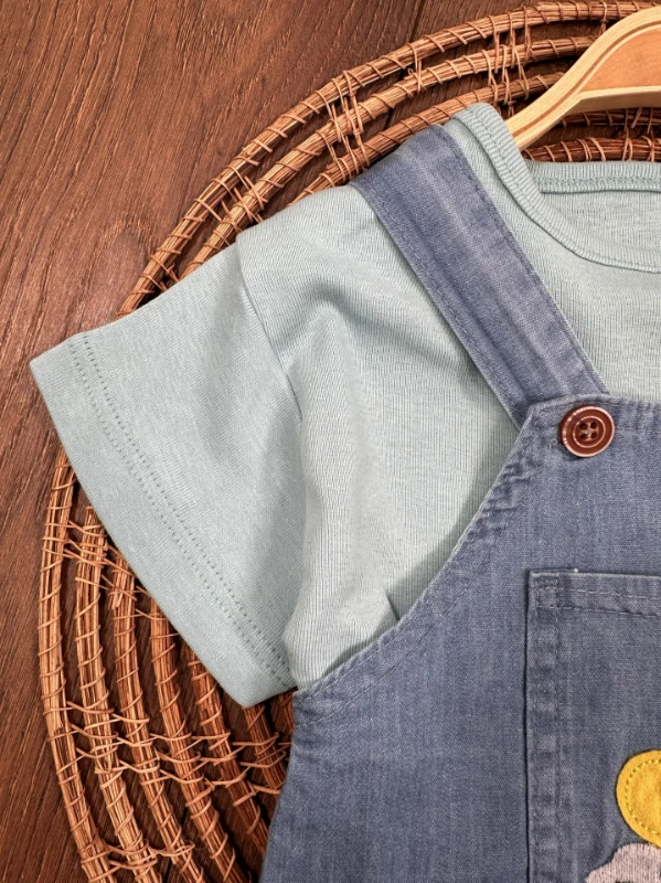 Island Nakışlı Yazlık Kot Salopet Erkek Bebek Takım - MAVİ