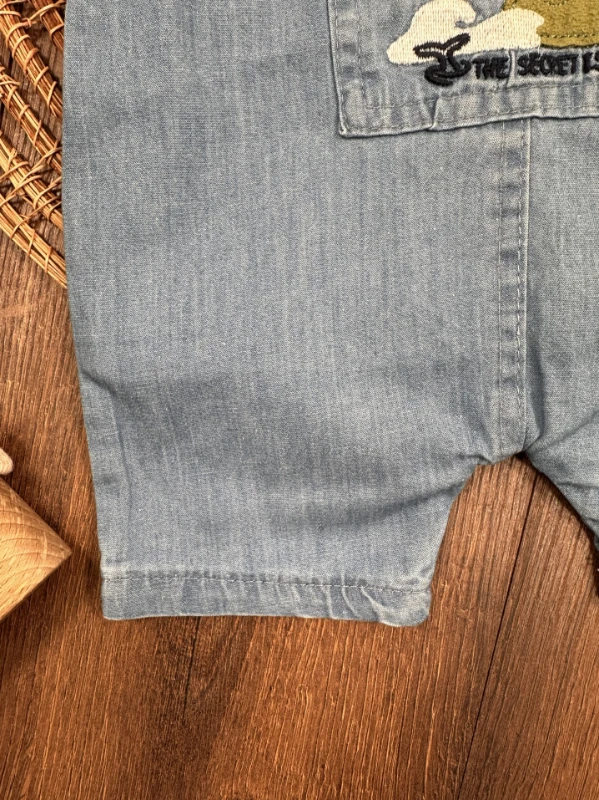 Island Nakışlı Yazlık Kot Salopet Erkek Bebek Takım - MAVİ