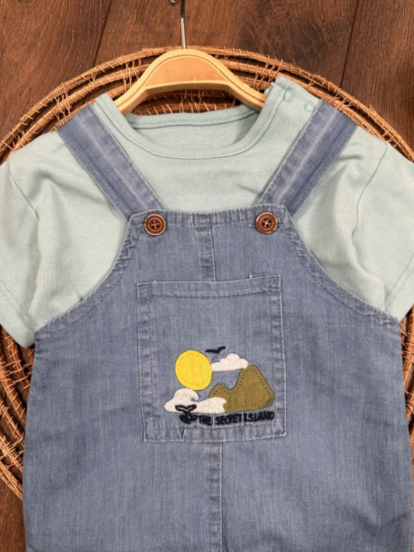 Island Nakışlı Yazlık Kot Salopet Erkek Bebek Takım - MAVİ
