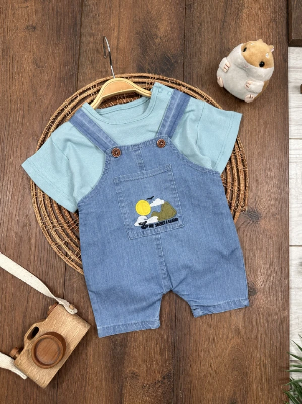 Island Nakışlı Yazlık Kot Salopet Erkek Bebek Takım - MAVİ