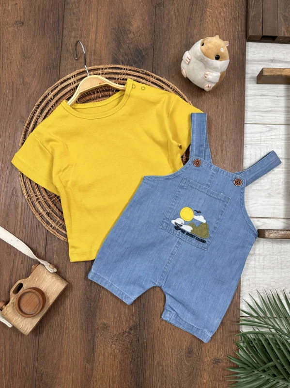 Island Nakışlı Yazlık Kot Salopet Erkek Bebek Takım - MAVİ