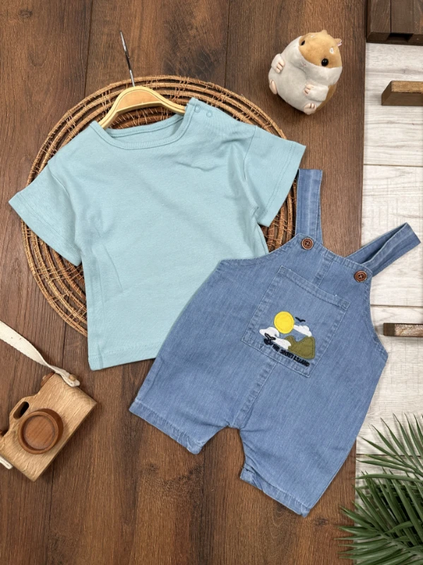 Island Nakışlı Yazlık Kot Salopet Erkek Bebek Takım - MAVİ