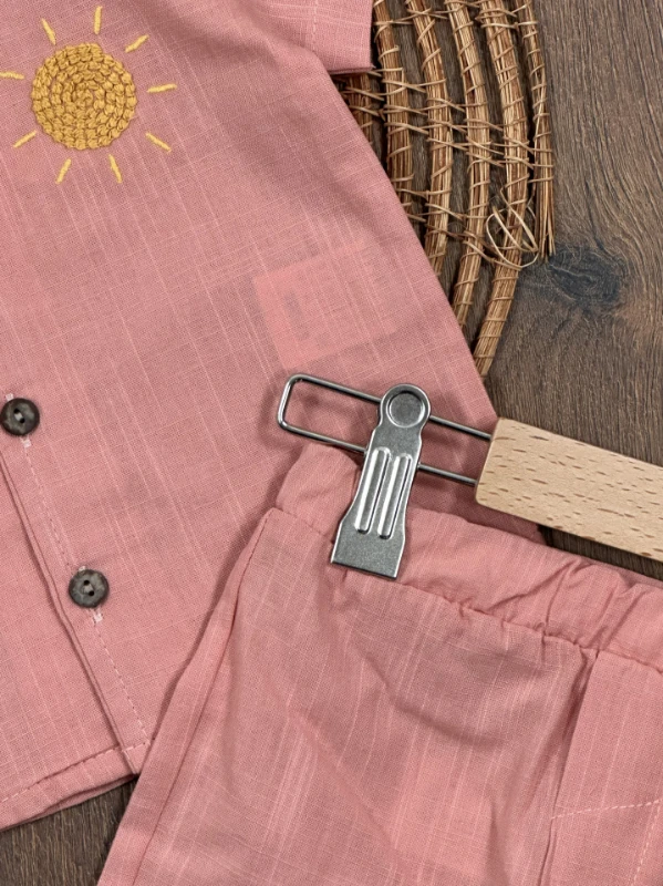 Keten Güneş Nakışlı Önden Düğmeli Yazlık Erkek Bebek Takım - KİREMİT