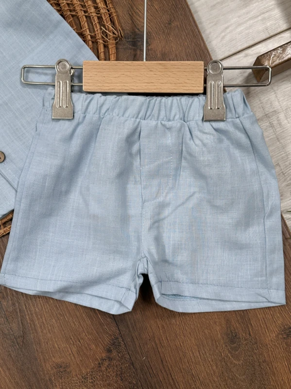 Keten Güneş Nakışlı Önden Düğmeli Yazlık Erkek Bebek Takım - KİREMİT