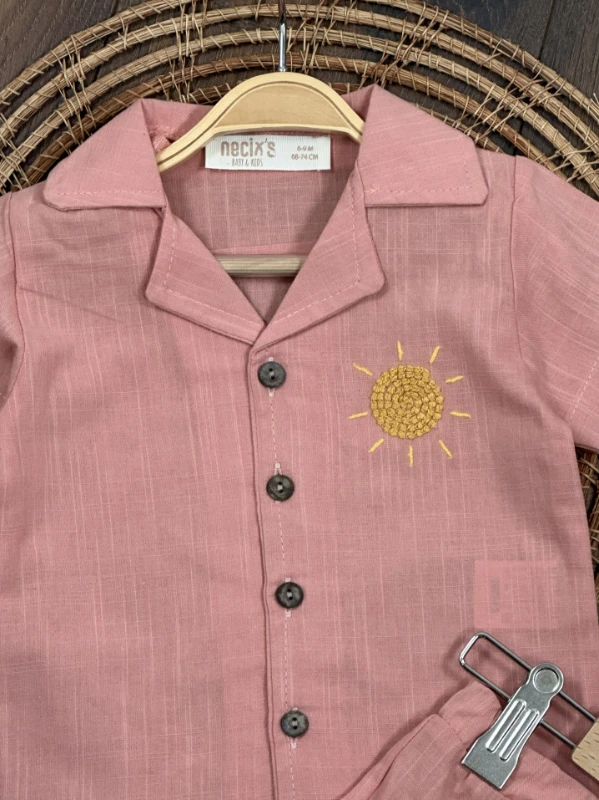 Keten Güneş Nakışlı Önden Düğmeli Yazlık Erkek Bebek Takım - KİREMİT