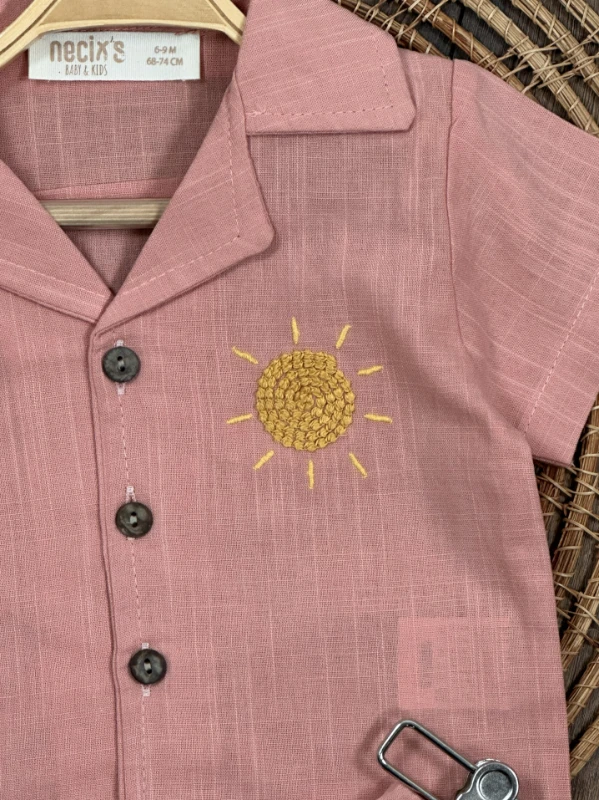 Keten Güneş Nakışlı Önden Düğmeli Yazlık Erkek Bebek Takım - KİREMİT