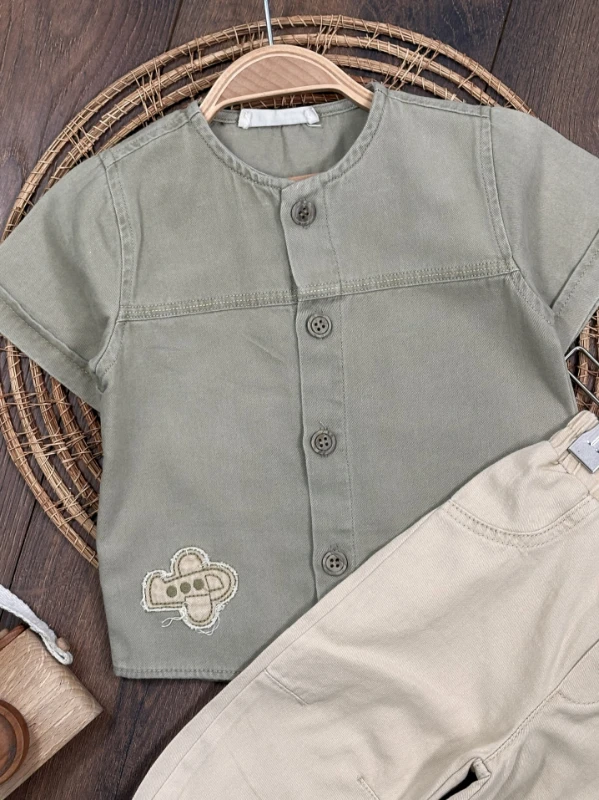 Tayyare Nakışlı Keten Önden Düğmeli Yazlık Erkek Bebek Takım - BEJ