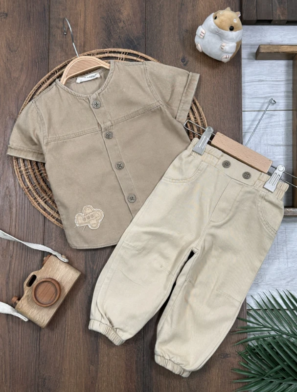 Tayyare Nakışlı Keten Önden Düğmeli Yazlık Erkek Bebek Takım - BEJ