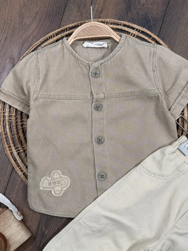 Tayyare Nakışlı Keten Önden Düğmeli Yazlık Erkek Bebek Takım - BEJ