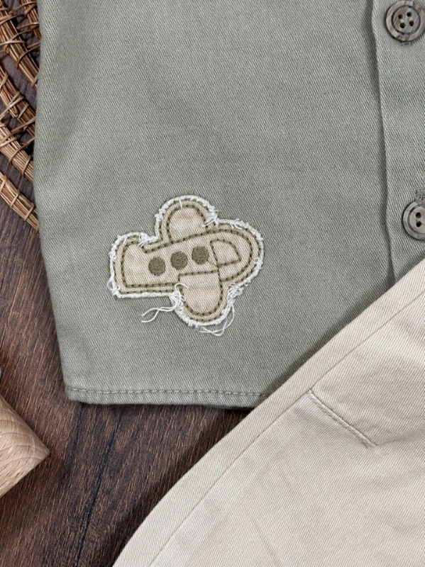 Tayyare Nakışlı Keten Önden Düğmeli Yazlık Erkek Bebek Takım - BEJ