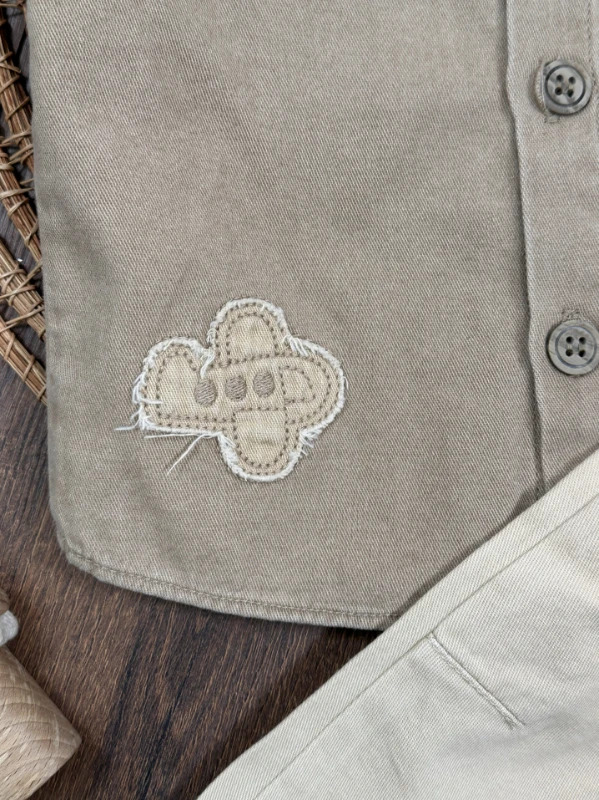 Tayyare Nakışlı Keten Önden Düğmeli Yazlık Erkek Bebek Takım - BEJ