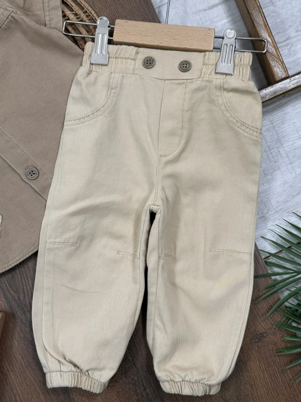 Tayyare Nakışlı Keten Önden Düğmeli Yazlık Erkek Bebek Takım - BEJ