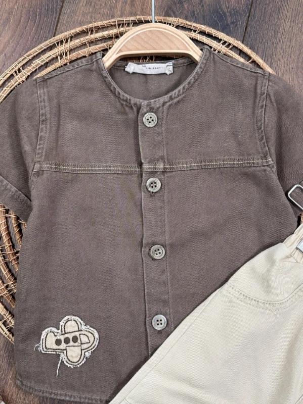 Tayyare Nakışlı Keten Önden Düğmeli Yazlık Erkek Bebek Takım - BEJ