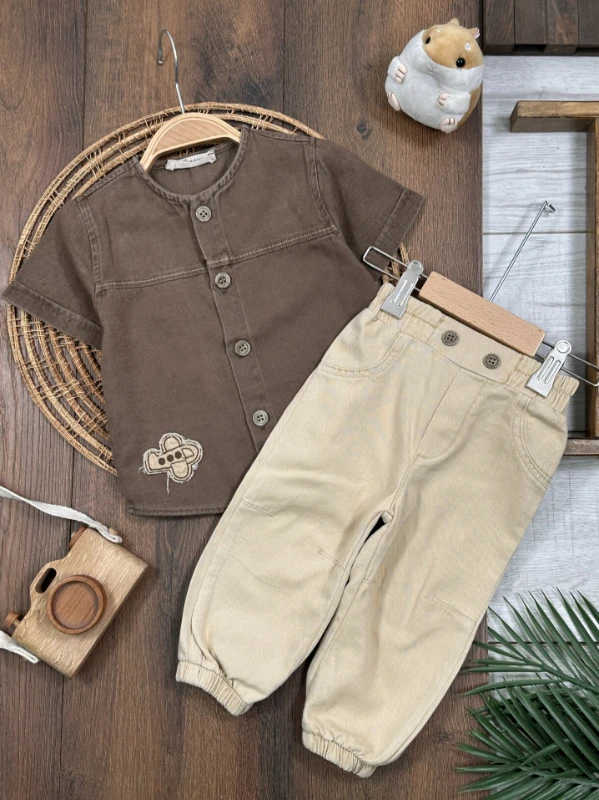 Tayyare Nakışlı Keten Önden Düğmeli Yazlık Erkek Bebek Takım - KAHVE