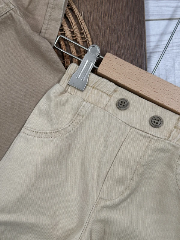 Tayyare Nakışlı Keten Önden Düğmeli Yazlık Erkek Bebek Takım - BEJ