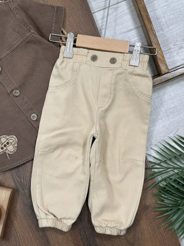 Tayyare Nakışlı Keten Önden Düğmeli Yazlık Erkek Bebek Takım - BEJ