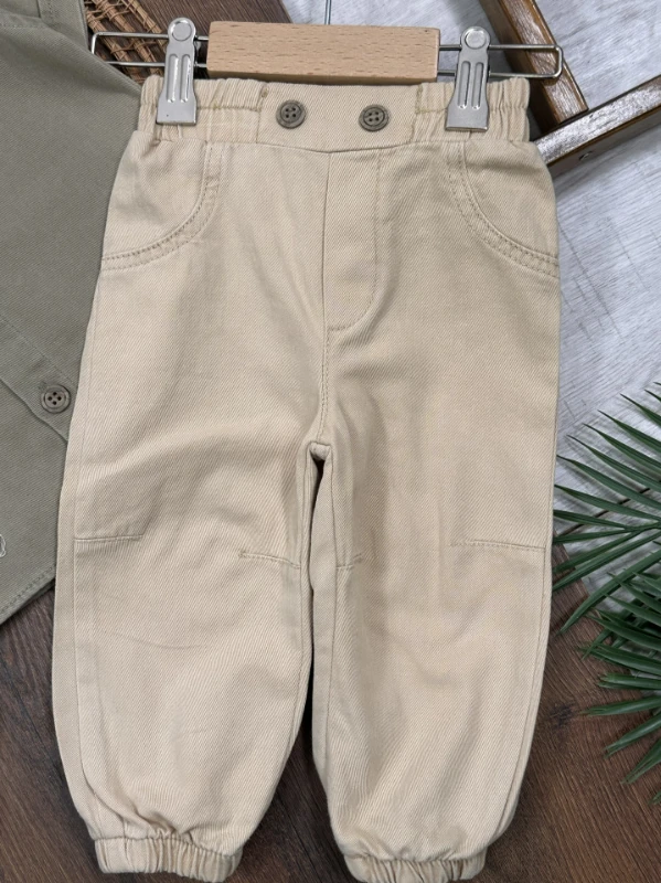 Tayyare Nakışlı Keten Önden Düğmeli Yazlık Erkek Bebek Takım - BEJ