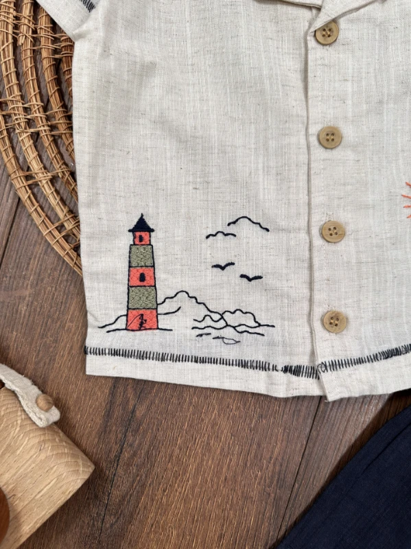 Keten Nakışlı Önden Düğmeli Yazlık Erkek Bebek Takım - KİREMİT