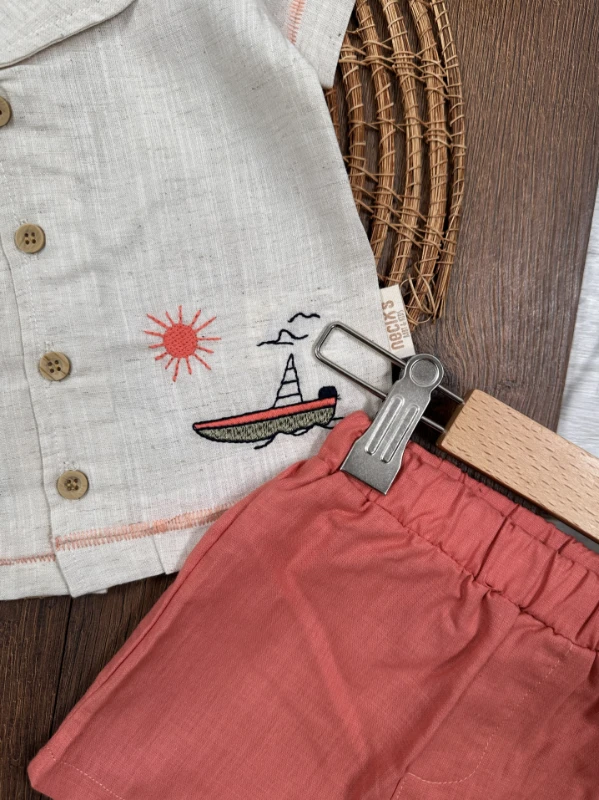 Keten Nakışlı Önden Düğmeli Yazlık Erkek Bebek Takım - KİREMİT