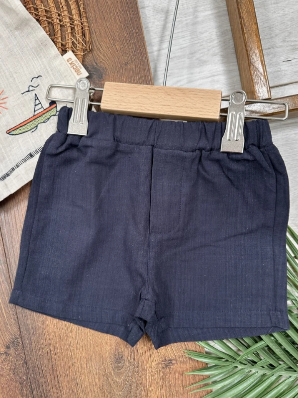 Keten Nakışlı Önden Düğmeli Yazlık Erkek Bebek Takım - KİREMİT