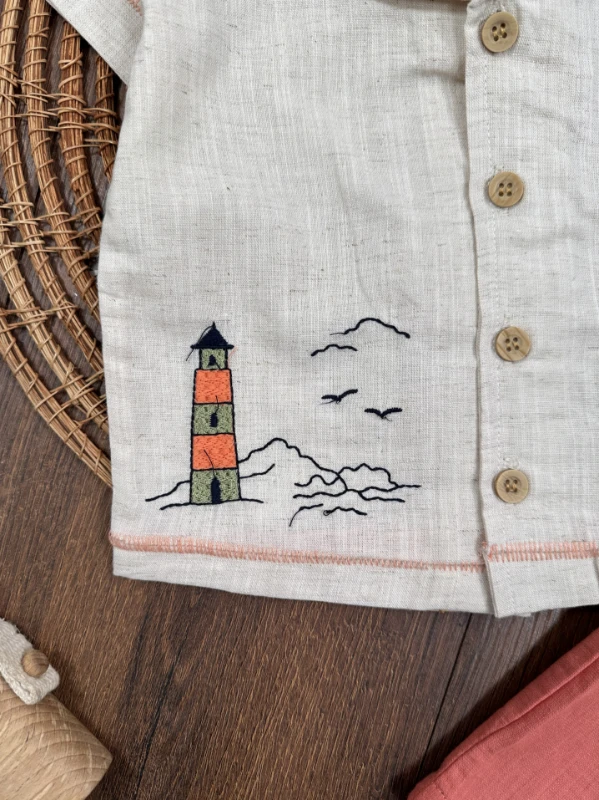 Keten Nakışlı Önden Düğmeli Yazlık Erkek Bebek Takım - KİREMİT