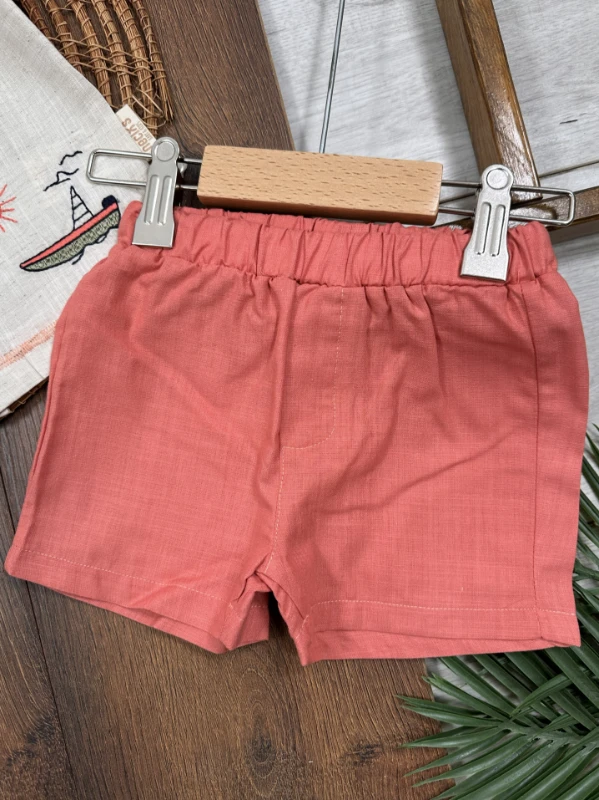 Keten Nakışlı Önden Düğmeli Yazlık Erkek Bebek Takım - KİREMİT