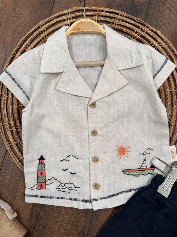 Keten Nakışlı Önden Düğmeli Yazlık Erkek Bebek Takım - KİREMİT