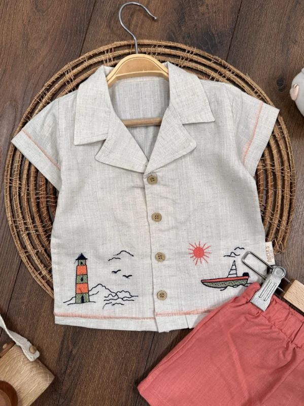 Keten Nakışlı Önden Düğmeli Yazlık Erkek Bebek Takım - KİREMİT