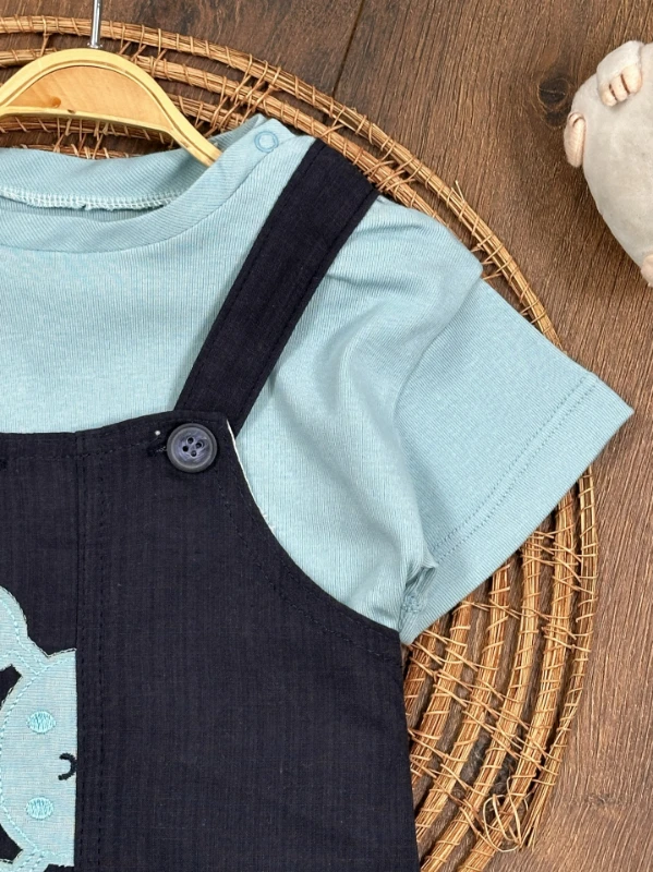 Yengeç Nakışlı Omuzdan Çıtçıtlı Badi Yazlık Salopet Erkek Bebek Takım - MAVİ