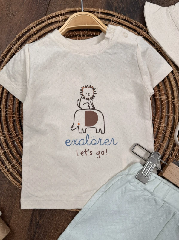 SafariBaskılı Şapkalı Omuzdan Çıtçıtlı Yazlık Erkek Bebek Takım - MAVİ