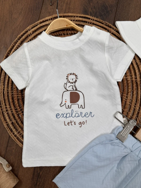 SafariBaskılı Şapkalı Omuzdan Çıtçıtlı Yazlık Erkek Bebek Takım - MAVİ